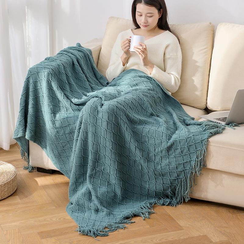 Soft and Comfortable Solid Color Throw Blanket Knitted Sofa Blanket Car Rhombus Air Conditioning Blanket Tassel Nap Wool Blanket