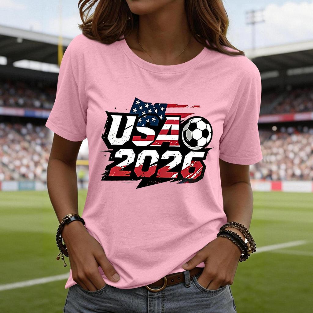 Women’s Short Sleeve Crewneck T Shirt with USA 2026 Graphic Print Soccer Ball Casual Loose Fit Top Tee