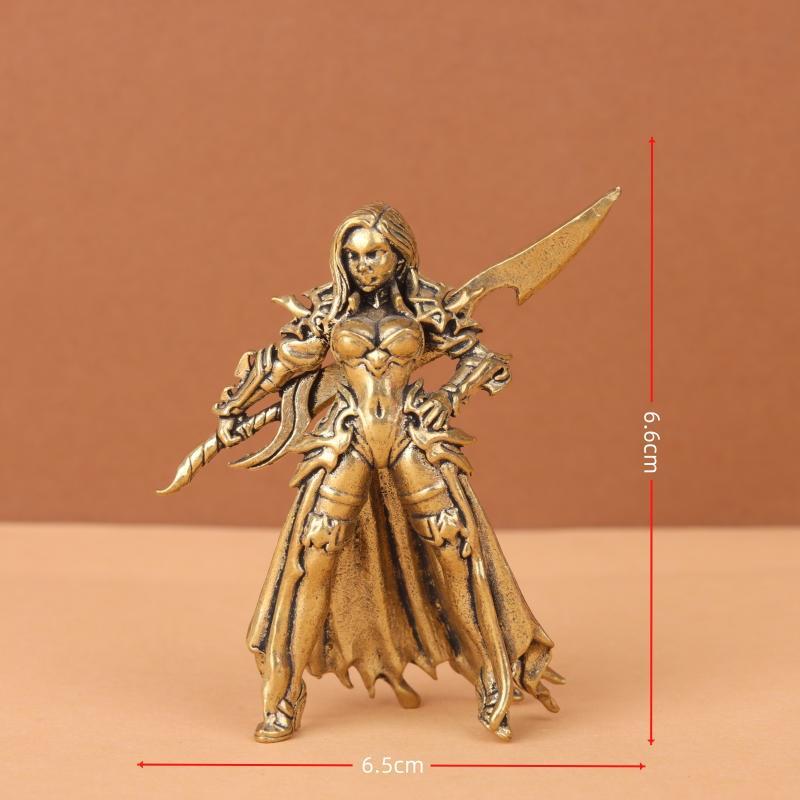Solid Brass Antique Finish Female Warrior Statue Fine Intricate Carved Details Small Desktop Ornament for Home Office Decoration
