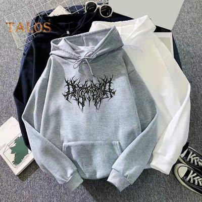 Fall Winter Unisex Hoodie Drawstring Elastic Cuff Thorn Print Thick Fleece Patch Pocket Loose Long Sleeves Pullover Warm Top