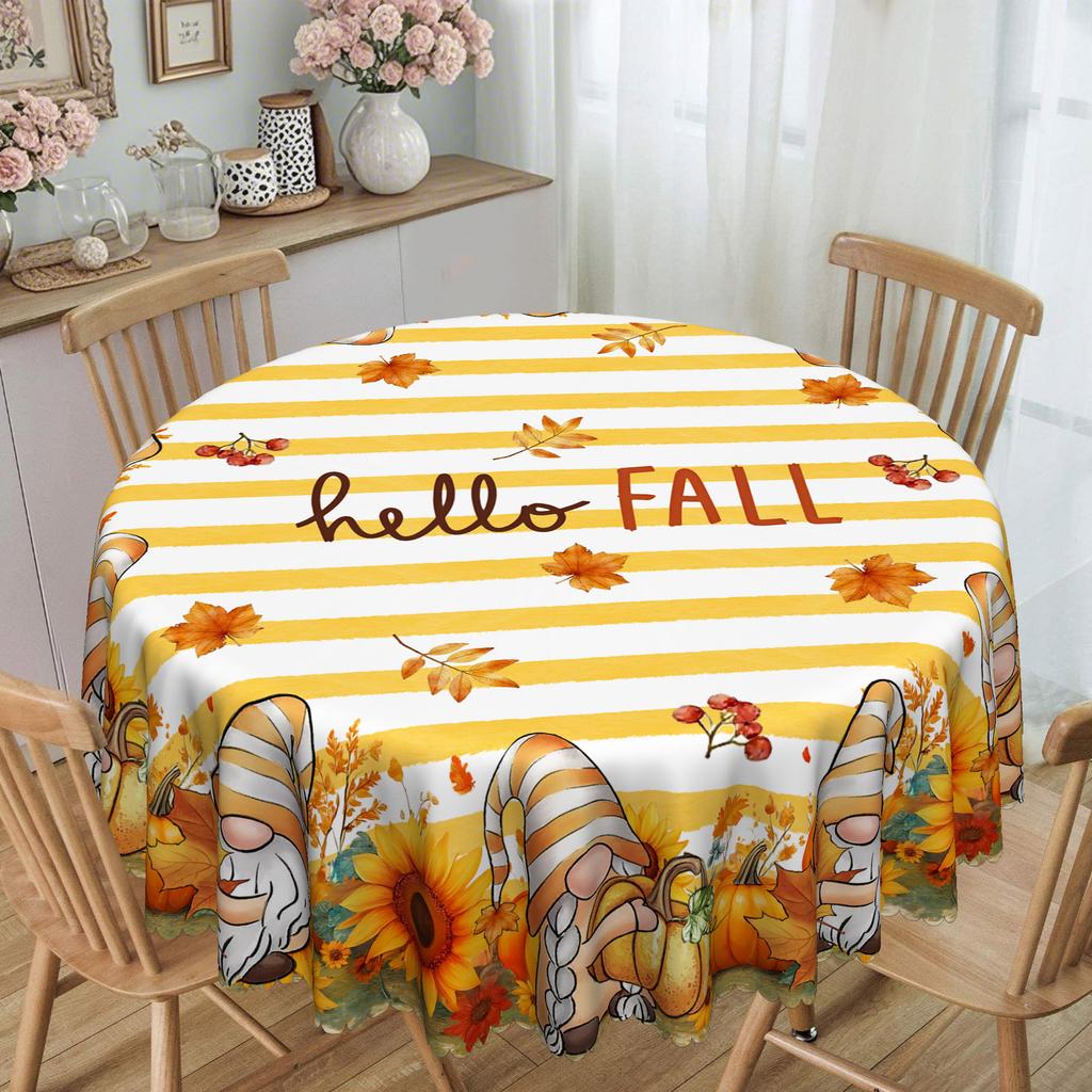 Hello Fall Warm Color Pumpkin Sunflower Striped Tablecloth, Anti-Fouling Leave-In Dining Table Cloth Coffee Table Cloth Round