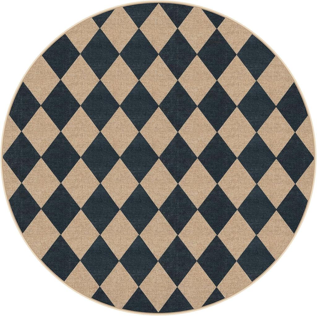 Minimalist Checkerboard Round Carpet Classic Geometric Square Pattern Rug Modern Home Non-Slip Mat for Living Room Decor