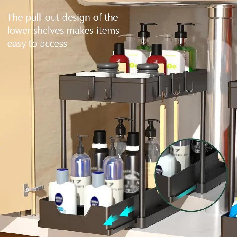 Kitchen Shelf Pull Out Organiser Sliding Cabinet Basket Organizer with Hooks 2 Tier Multi-Functional Bathroom Storage Shelf