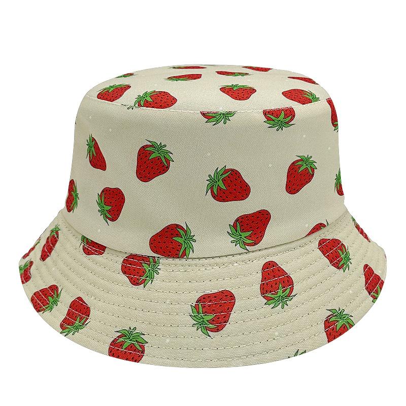 Chapéu de Pescador Criativo de Verão com Estampa de Morango Dupla Face Chapéu de Sol para Praia ao Ar Livre Estilo Coreano Proteção Solar Chapéu de Frutas