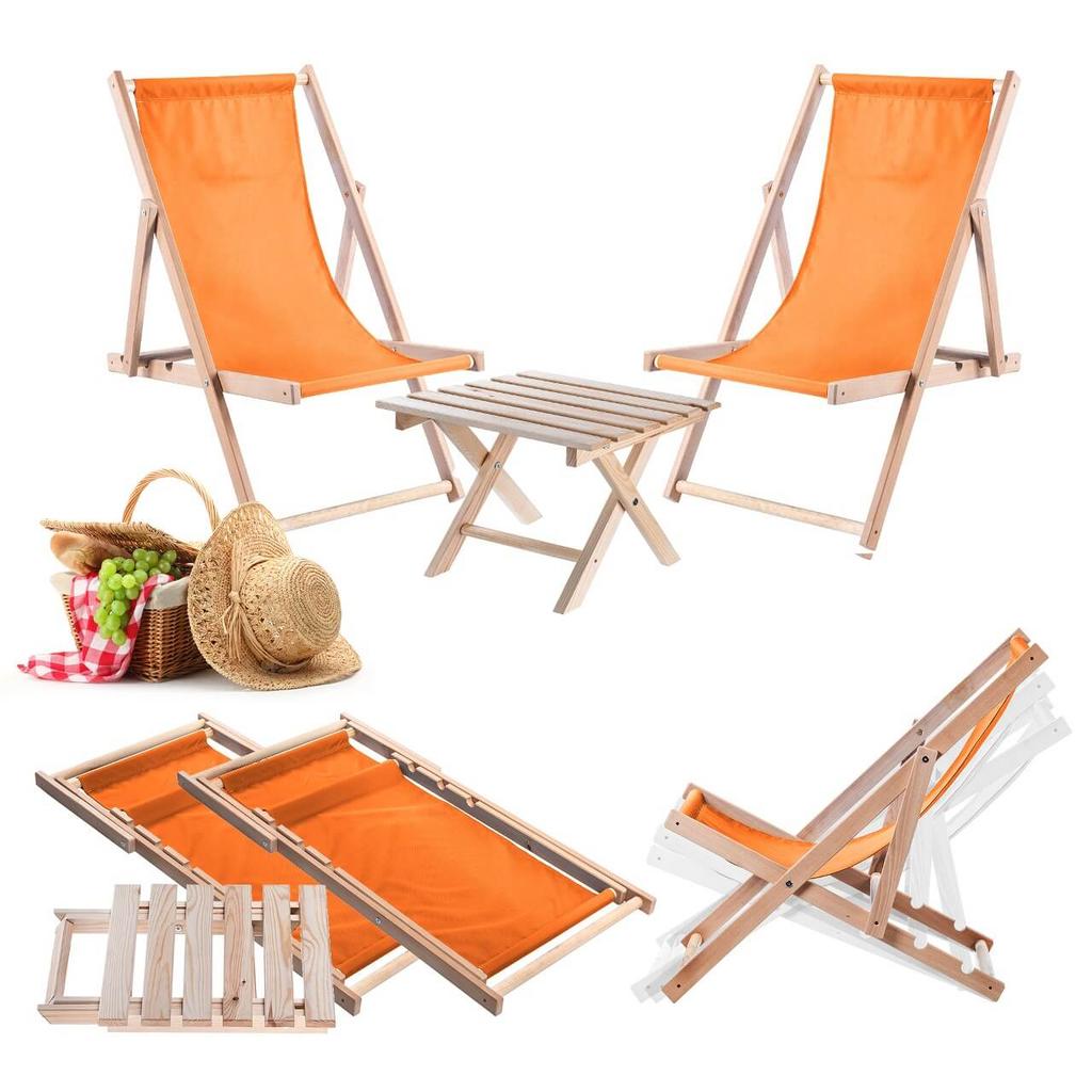 KADAX Set Couchtisch für Liegestühle Natur + 2 Holzliegen