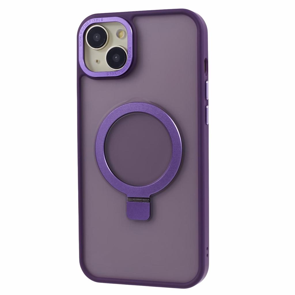 For iPhone 15 Plus Skin-touch Phone Case Kickstand Design TPU+PC+Magnet+Metal Shell Compatible with MagSafe