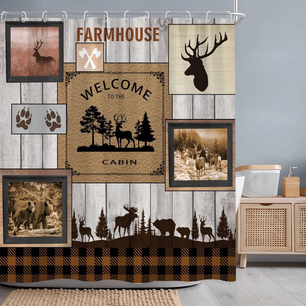 Vintage Brown Bear Shower Curtain Rustic Wooden Panel Texas Star Black And White Check Jungle Fabric Bath Curtain Bathroom Decor