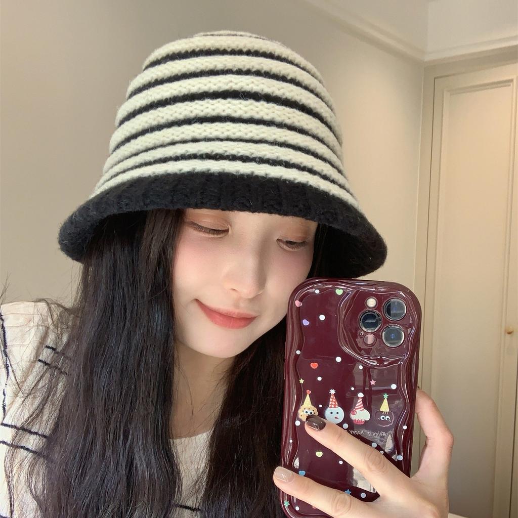 Sweet Knitted Striped Bucket Hat Women's New Autumn and Winter Wool Basin Hat