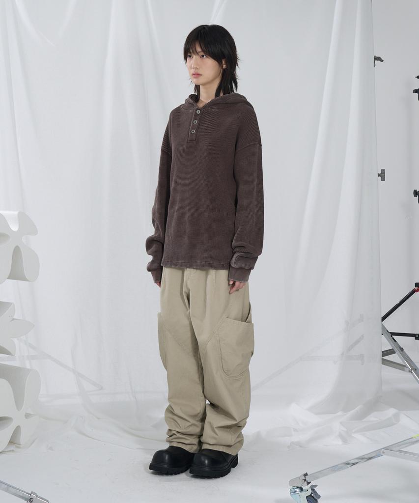 Waffle Henley Neck Hooded Long Sleeve [Brown]