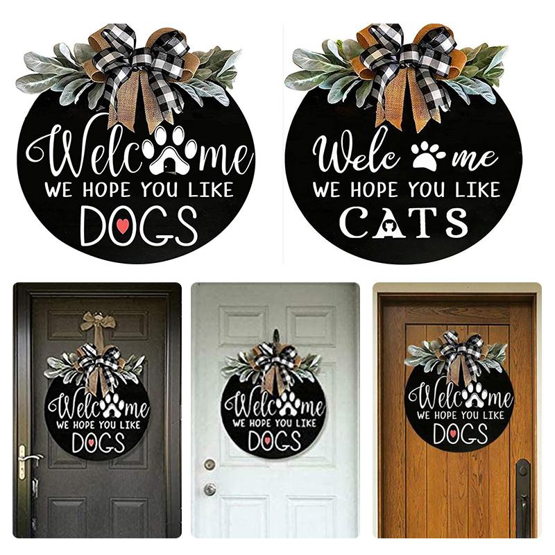 Akryl Välkommenskylt Krans Ytterdörrhängare med Rosett Rund Utomhus Hängande Vertikal Skylt Husdjur Hund Katt Hemdekoration