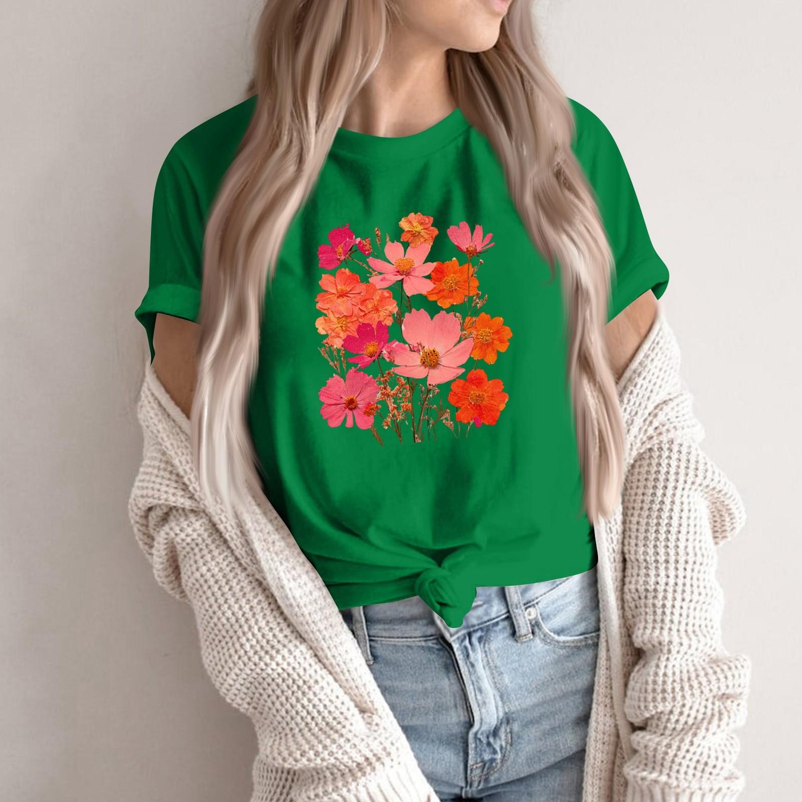 

Women s Fashion Casual Printed Round Neck Short Sleeved Pullover T-Shirt Top XXL зелёный