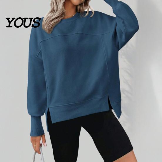 Drop Shoulder Long Sleeve Shirts Women Crew Neck Sweatshirt, Pullover, Loose Top Fit Casual Fall Winter with Side Slit Sweatshirt