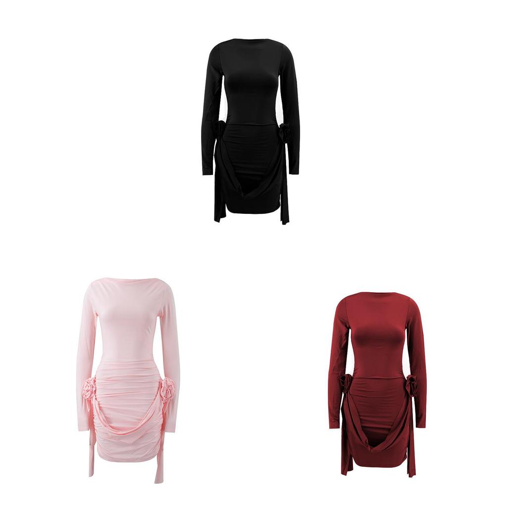 Sexy Girl Long Sleeve Short Dress With 3d Floral Pattern For Streetwear Fashion