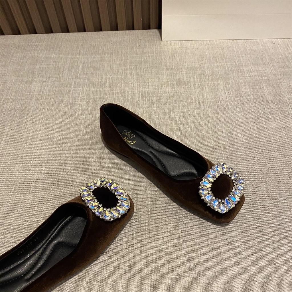 Fashion Flat Shoes for Women Spring and Autumn of 2025 New Suede Diamond Square Toe French Shallow Mouth Flat Shoes Plus Size 43 44