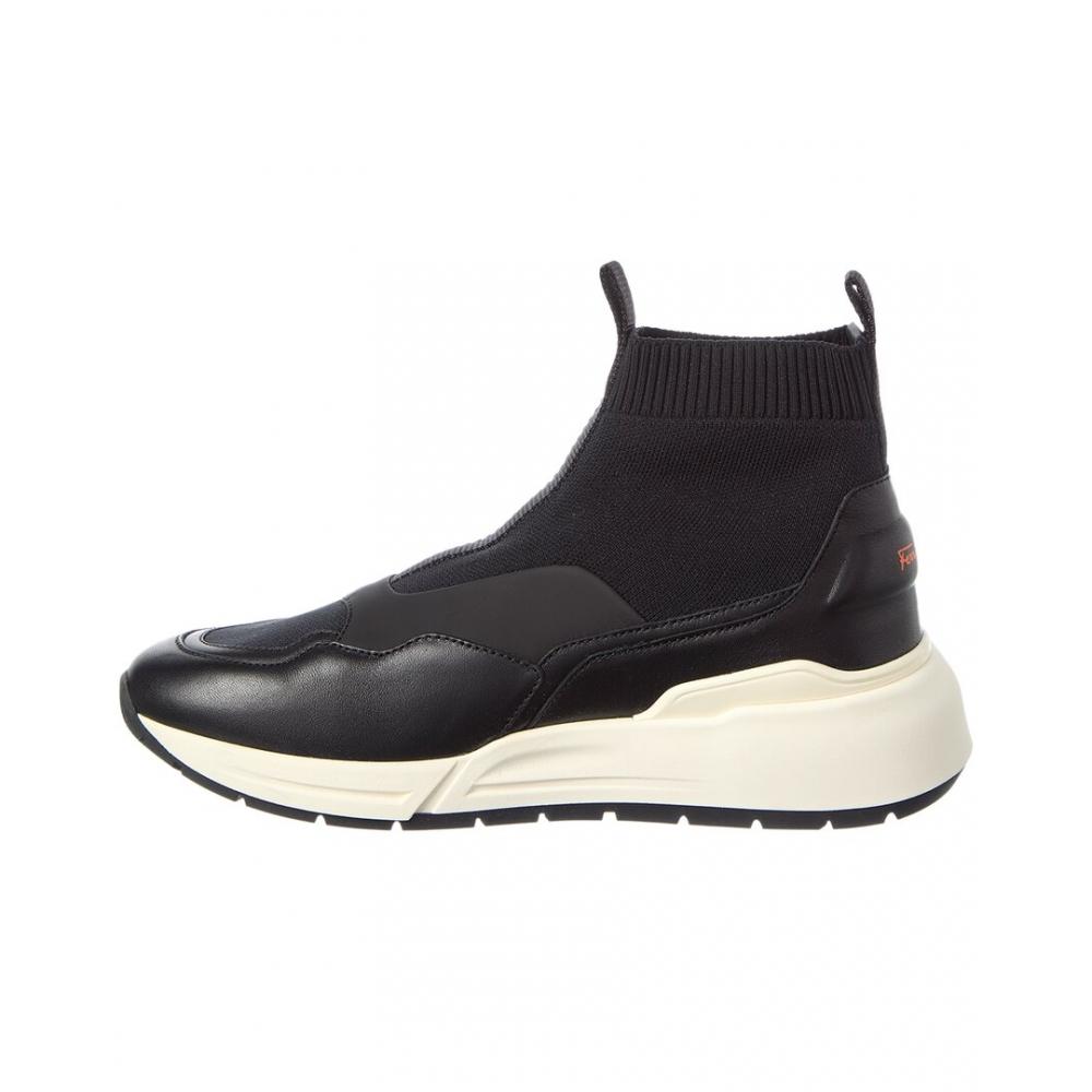 Salvatore Ferragamo Ferragamo Cosma Knit   Leather Sock Sneaker Black