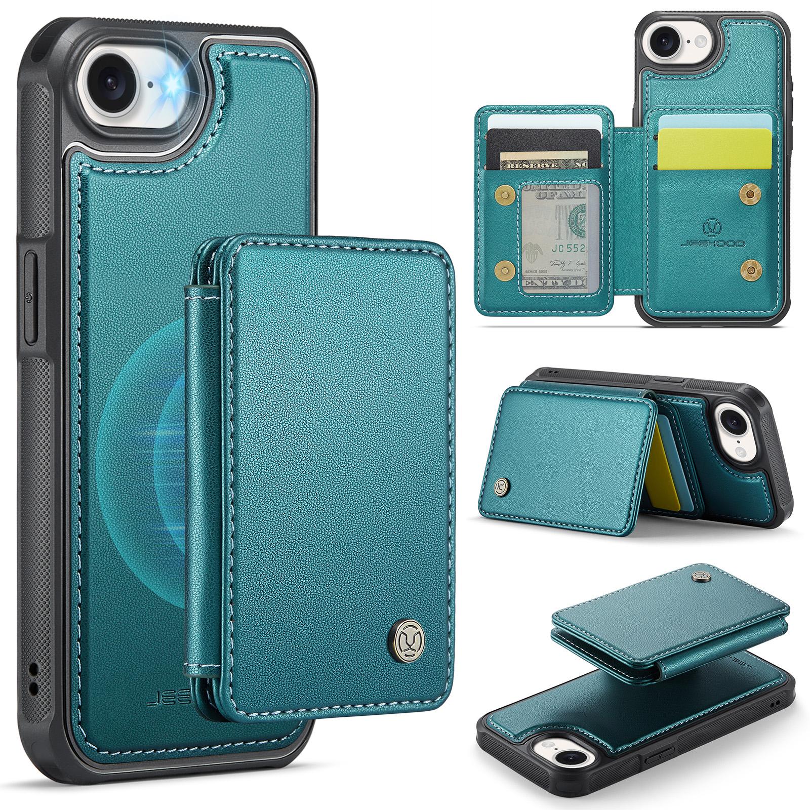 

For iPhone 16e Case JEEHOOD J05 Leather Mobile Cover with Detachable Magnetic Card Bag Blue