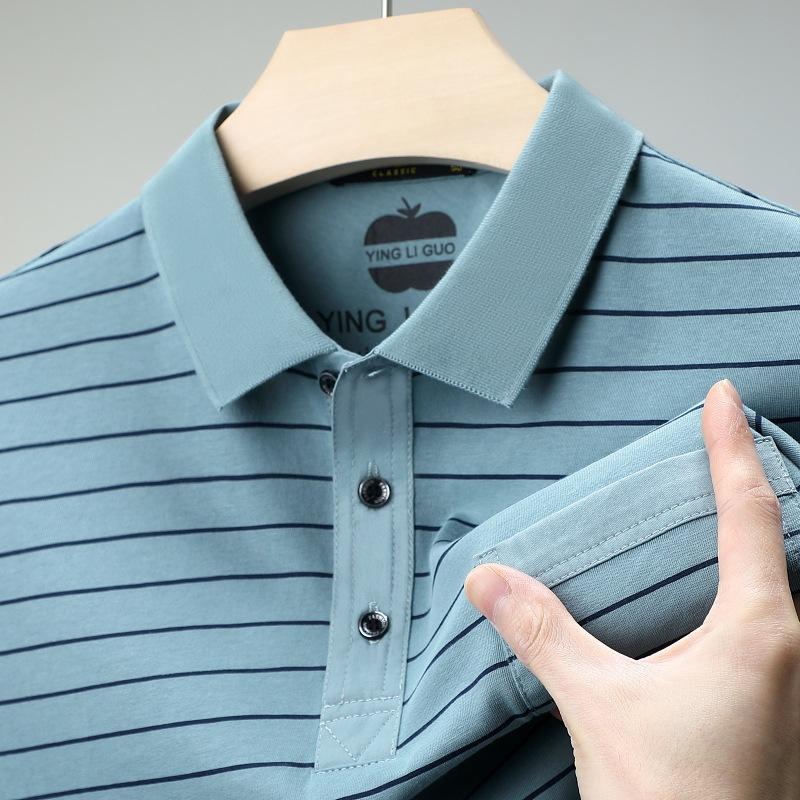 

Мужская свободная рубашка поло с короткими рукавами и лацканами, эластичная, облегающая, в полоску, повседневная футболка, нижняя рубашка 4XL