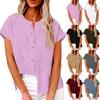 Women's Fashionable Loose-Fit Casual Shirt Button-Up Short-Sleeve Cotton-Linen Blend Top