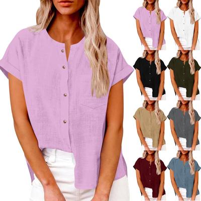Women's Fashionable Loose-Fit Casual Shirt Button-Up Short-Sleeve Cotton-Linen Blend Top
