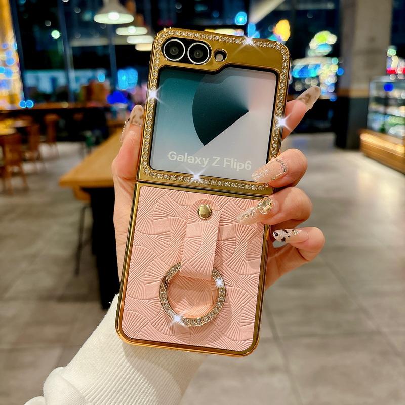 Luksuriøst ensfarget lær galvanisert 2 stk telefondeksel til Samsung Galaxy Z Flip6 Flip5 Flip4 Flip3 Diamantramme Støtsikker Metallring Sammenleggbart deksel