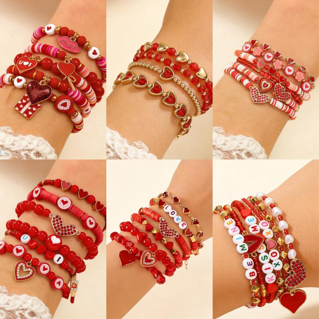 Valentine's Day Heart Beaded Bracelet Set: Women's Fashion Jewelry with Polymer Clay, Peach Heart, and Red Tones Elastic Design
