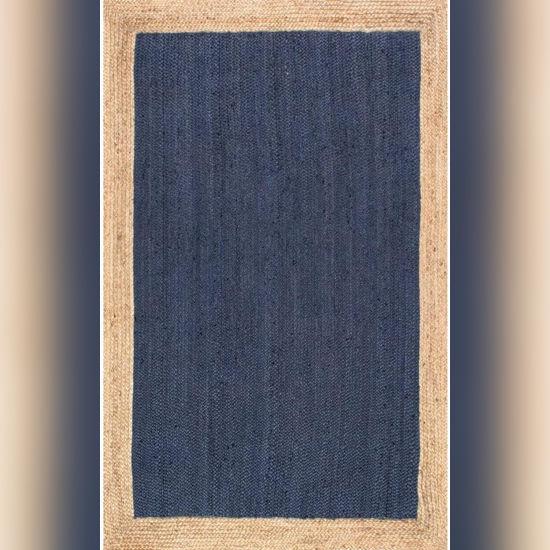 Aizza Trends Indian Handmade Braided Inner Navy Blue Natural Jute Area Rug- Jute Rug- Dining Room- Living Room