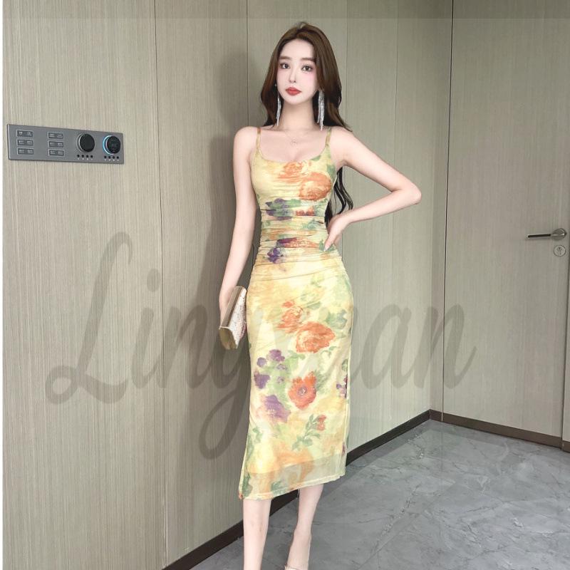 Retro Tie-Dye Chinese Style Slim Fit Camisole Dress Small жёлтый