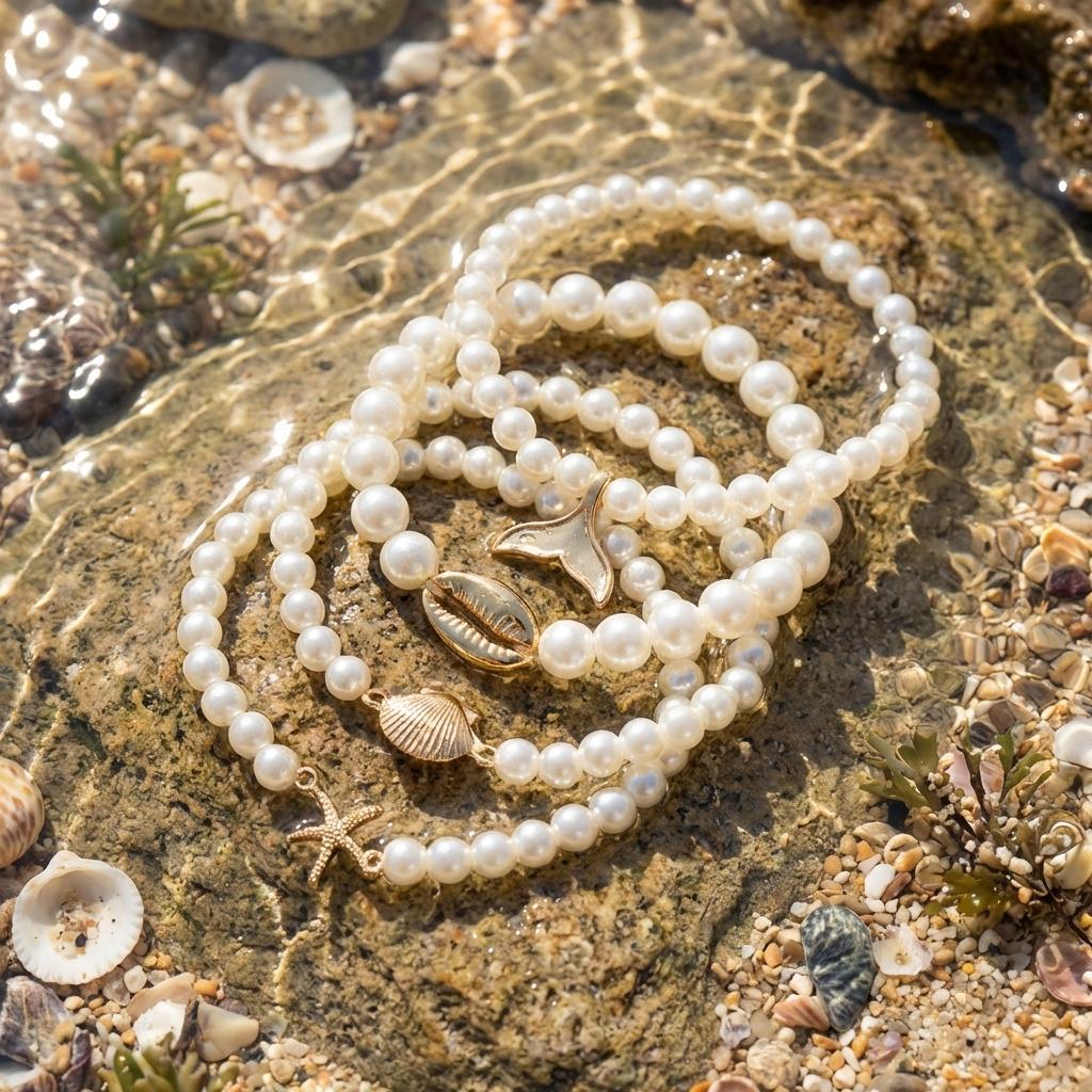 4PCS/Set French Pearl Bracelet for Women Summer Vacation Sea Star Shell Fish Tail Pendant Stacking Versatile Hand Jewelry