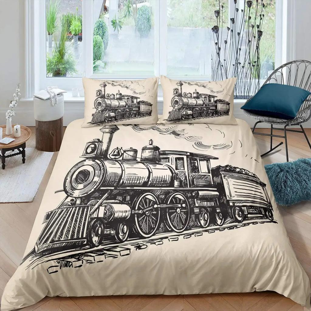 Husa de pilotă Motor cu aburi Roșu Gri Locomotivă Roșu Negru Tren pe șină de oțel Aventură de călătorie Grafică Decorațiune dormitor