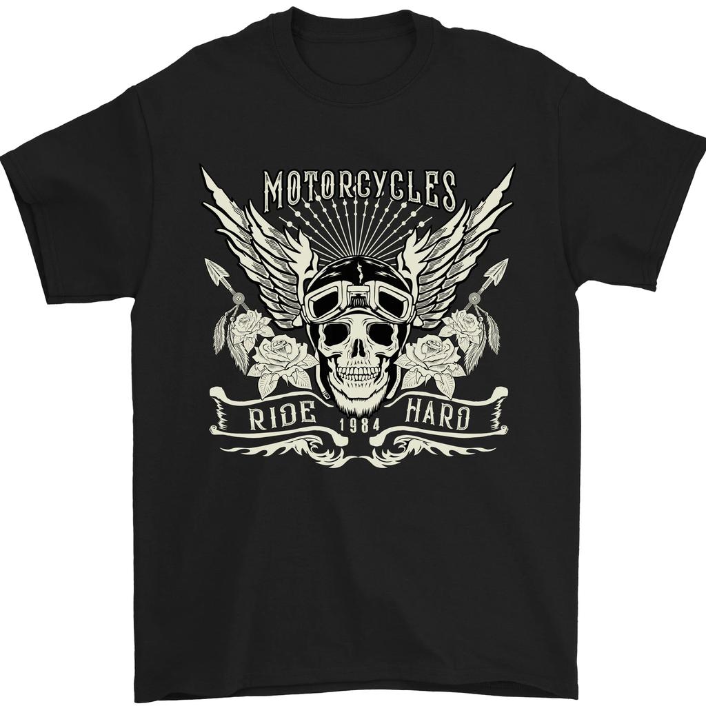 Motorcycles Ride Hard Biker Skull Motorbike Mens T-Shirt 100% Cotton
