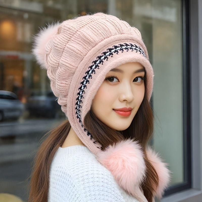 Autumn and Winter Adult Hat Women's Knitted Hat Fleece Ear Protector Hat Versatile Warm Wool Cute Fashion Outdoor