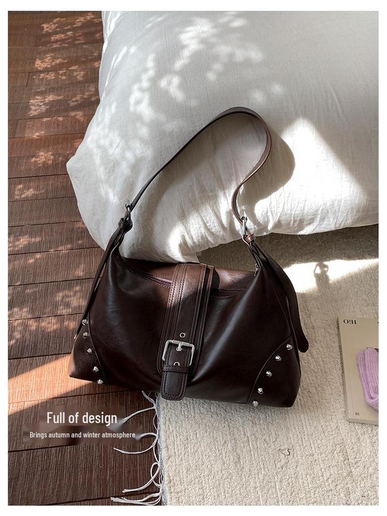 Women's Cross-Border Retro Motorcycle Bag with Rivet Decor & Belt Buckle - Stylish Single Shoulder Underarm Handbag