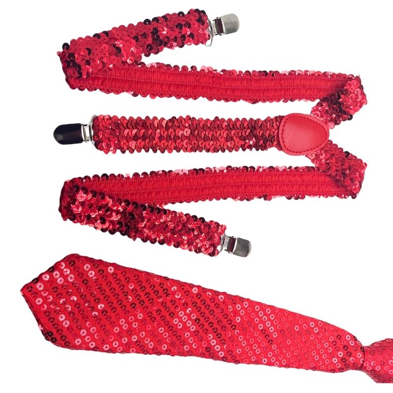 Verstellbares Pailletten Hosenträger und Krawatten Set für Herren mit Metallclip für Hochzeiten und Mottopartys Kostümzubehör