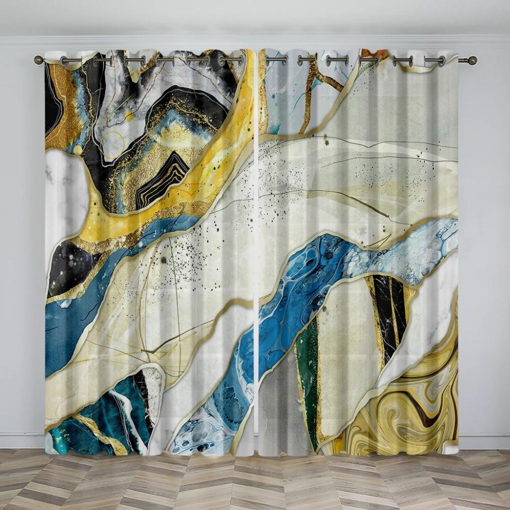 Yellow Azure Gray Golden Rim Marble Texture Print Drapes for Bedchamber Livingroom Space Kitchen Bathroom Windowpane Shutters cortinas