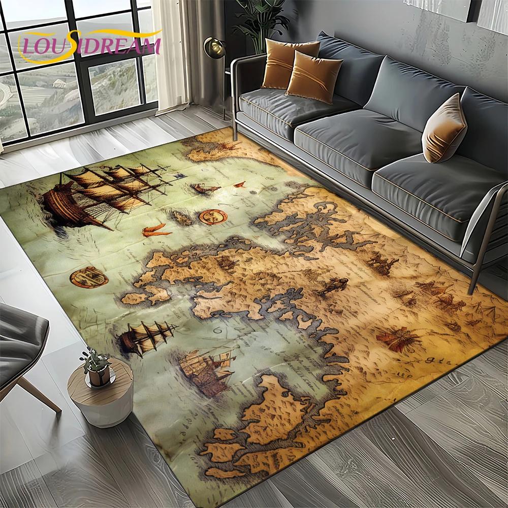 2025 Retro Ancient Nautical Chart Kraft World Map Compass Carpet Rug for Living Room Bedroom Sofa Decoration,Non-slip Floor Mat