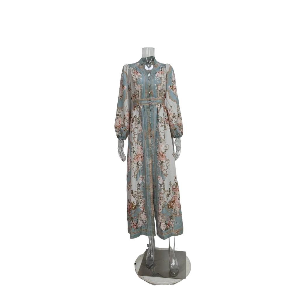 New European And American Women's Clothing Retro Temperament Printed Long-sleeved Pendulum Waist Dress