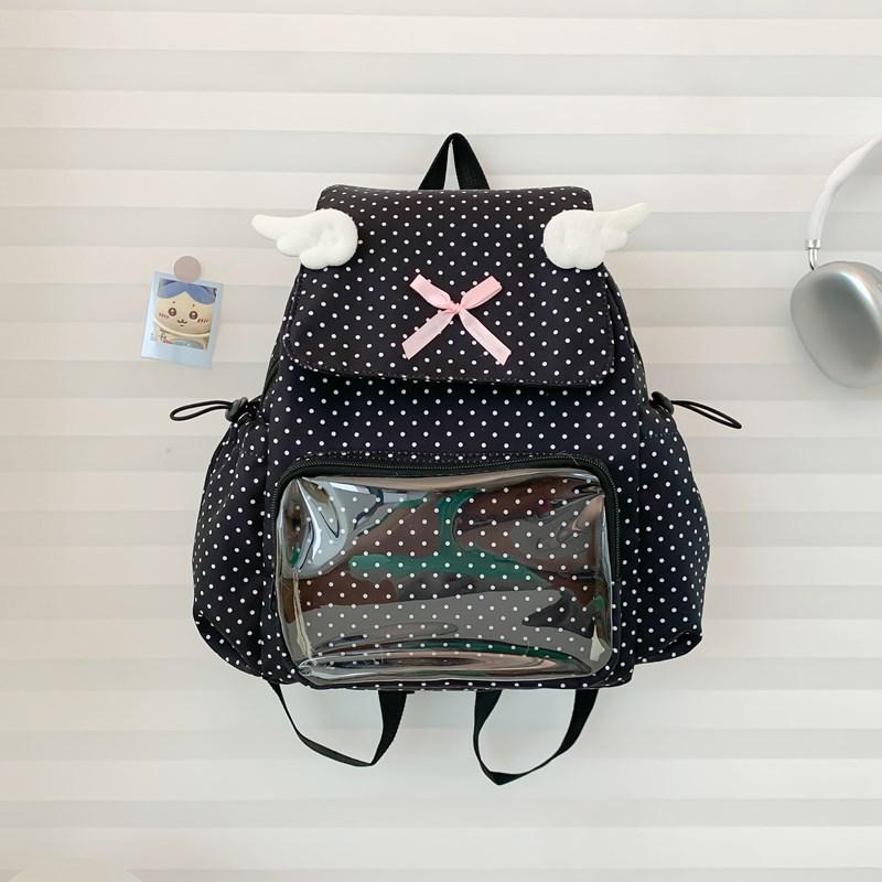 

Y2k Sweet Cute Polka Dot Bag, Pink Bow Wing Decoration Backpack For Women Japanese Large Transparent Ita Bag Student Backpack чорний