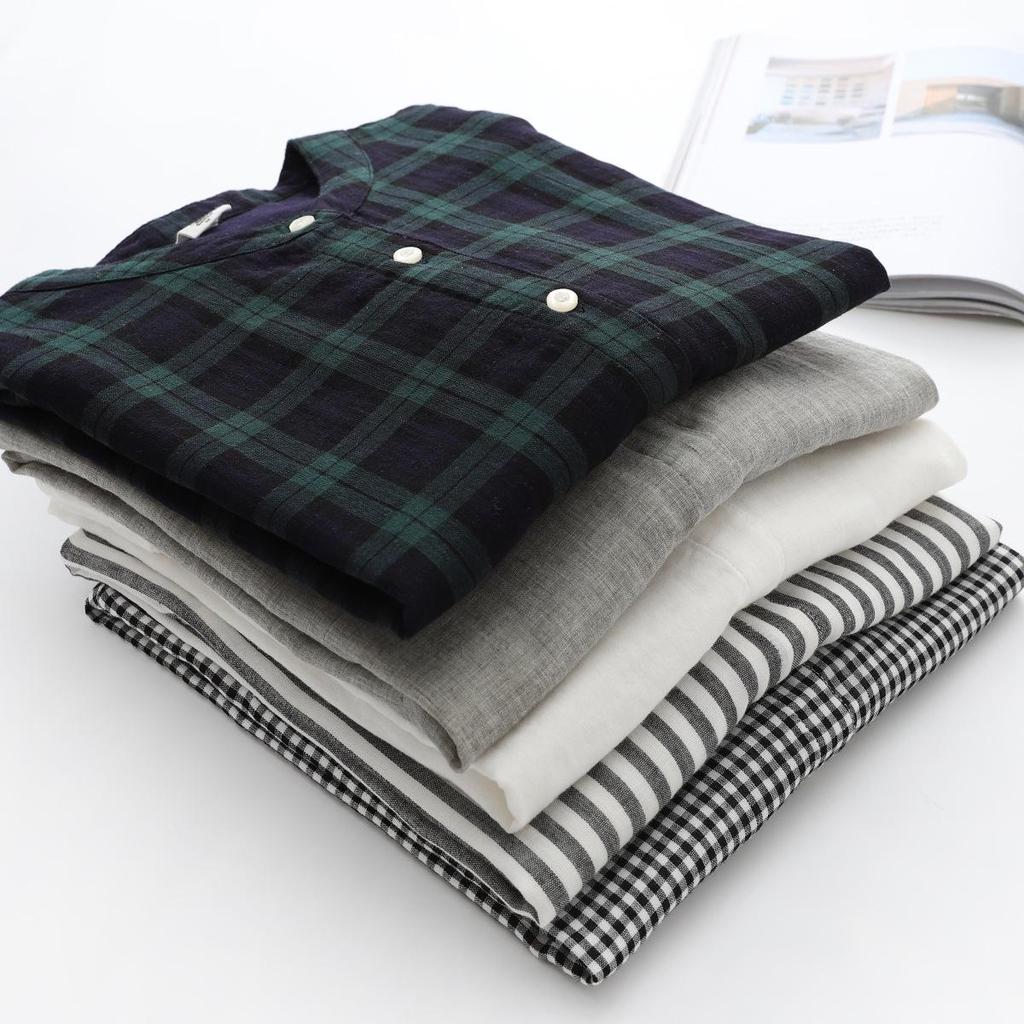 Japanese Minimalist Plaid Women's Sleeveless Stand Collar Shirt & Classic Short Sleeve Shirt