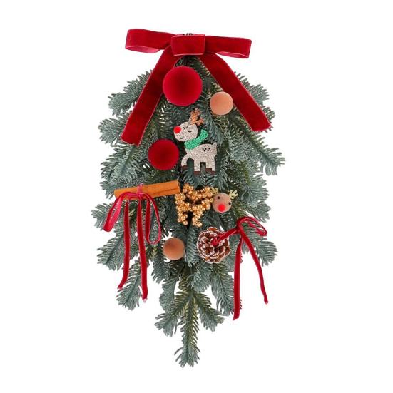 Handmade Wreath for Balcony Christmas Artificial Garland with Pinecones Cinnamon And Red Bows, Decorative Hanging Front Door Pendants Winter