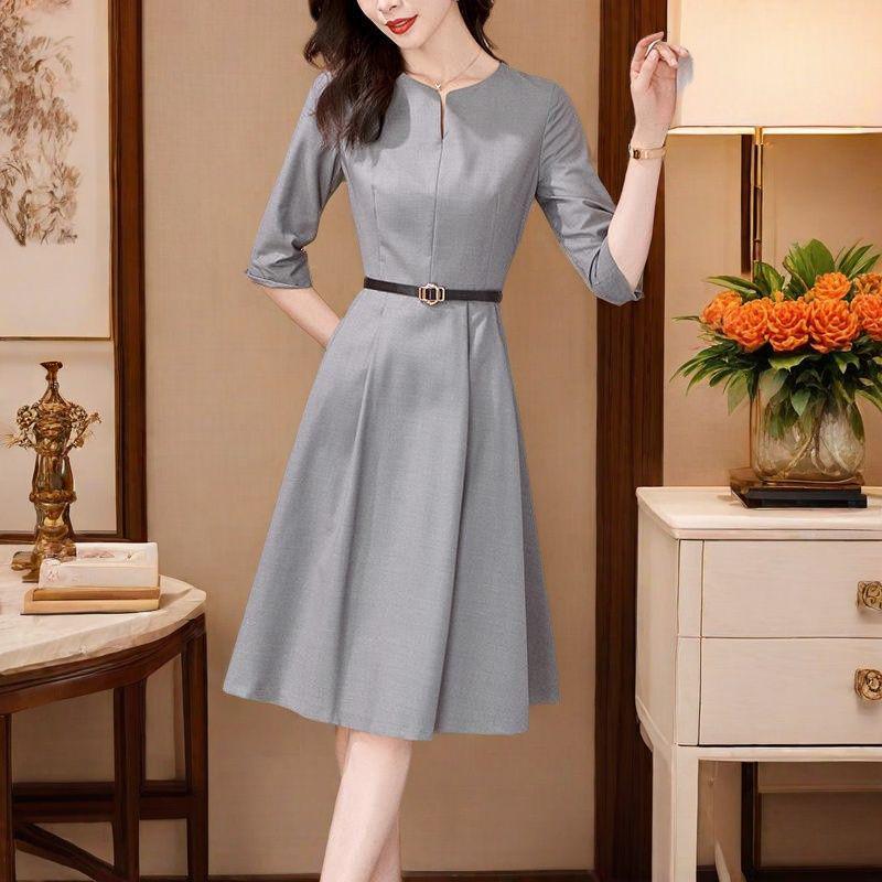 

Платье 2025 года во французском стиле с зауженной талией и рукавами три четверти для женщин 2XL светло-серый