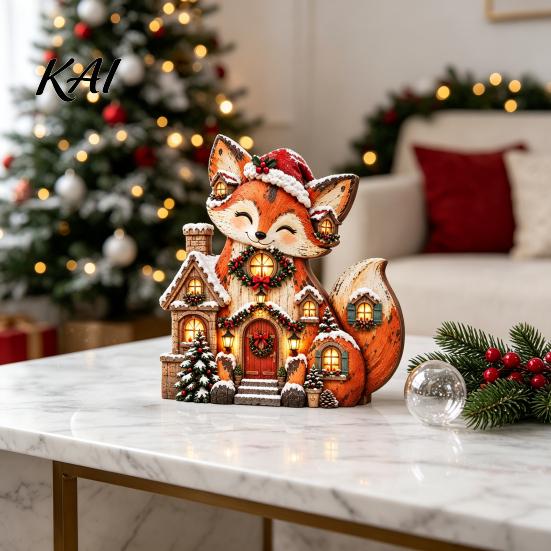 Indoor Xmas Ornaments Christmas Wooden Fox Village House Table Ornament, Wood Block Tabletop Holiday Gift for Friends Centerpiece Farmhouse