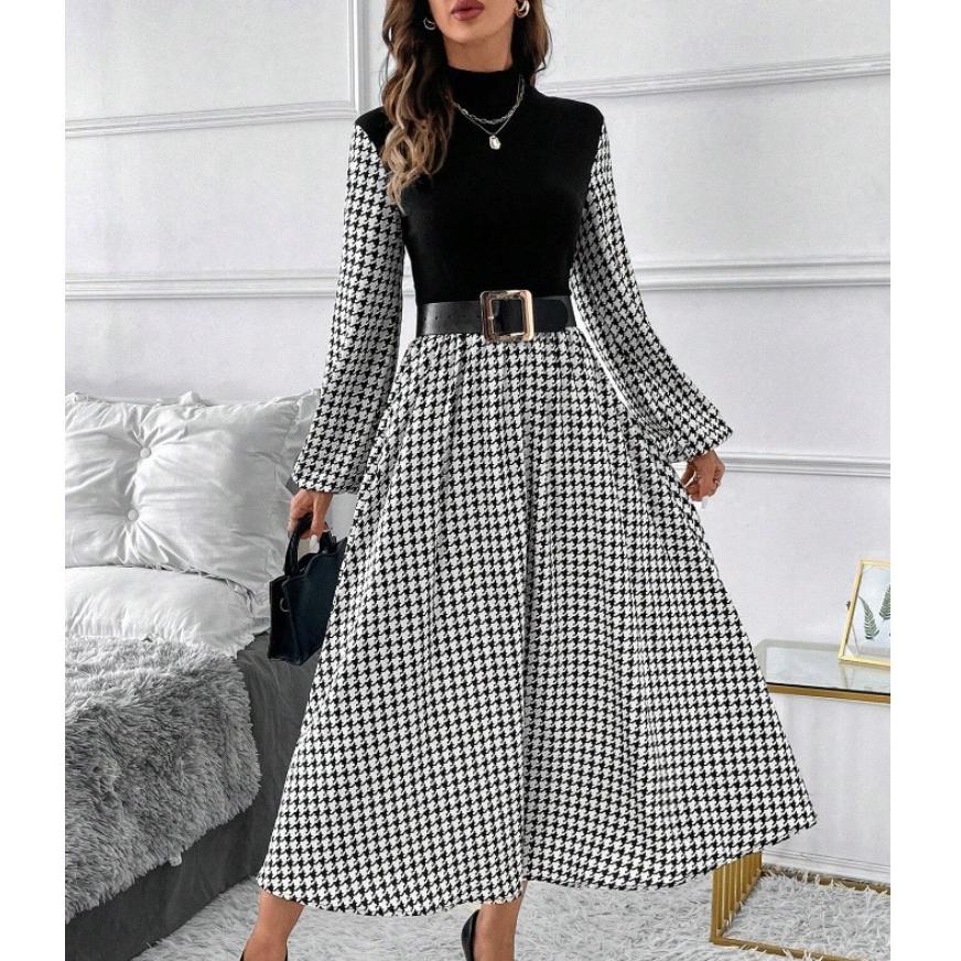Autumn Winter Lantern Sleeve A-line Women's Dress Vintage Houndstooth Patchwork Maxi Dresses Mock Neck Black Party Dress Female