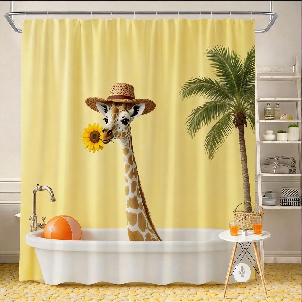 Giraffe Duschvorhang 180x180cm – Über die Wanne lugend, Waschmaschinenfest, 12 Haken Badezimmer dekorativer Duschvorhang