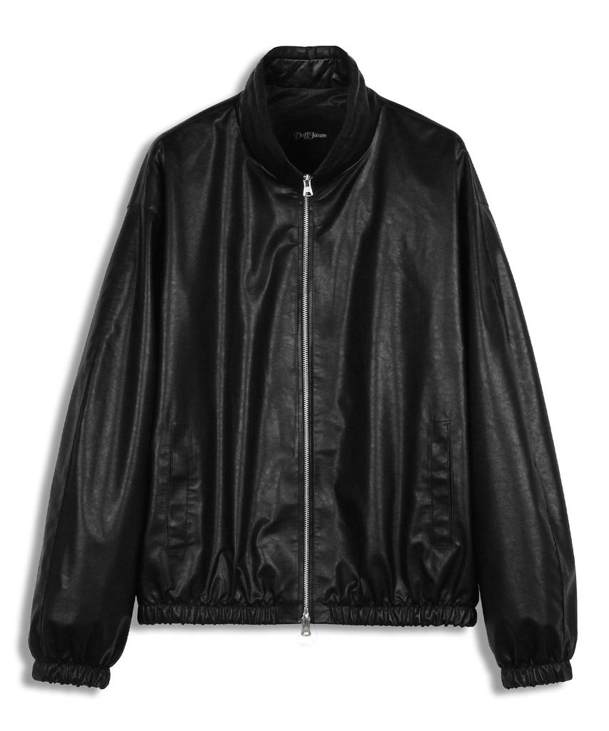 Doffjason Oversized Vegan Leather Windbreaker Jacket (Black)