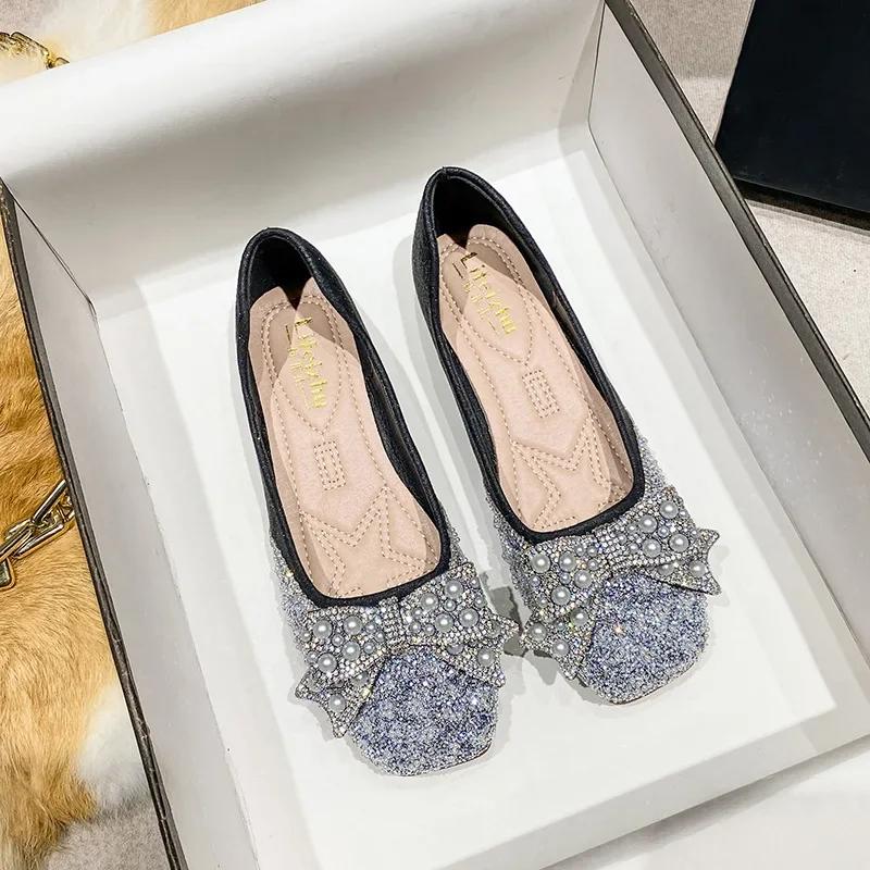 New Women Slip-on Loafers Spring Summer Fashion Beautiful Bling Pearl Flat Shoes Girl Beautiful Casual Boat Shoes