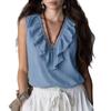 Women V neck ruffle sleeveless tank top solid pink loose boho casual camisole