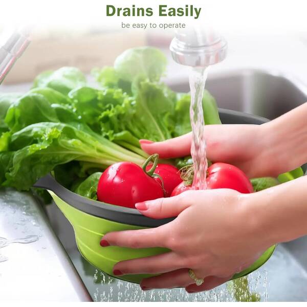 Single Pc Kitchen Travel Colander - Green Silicone Collapsible Strainer for Draining Pasta Fruits Vegetables