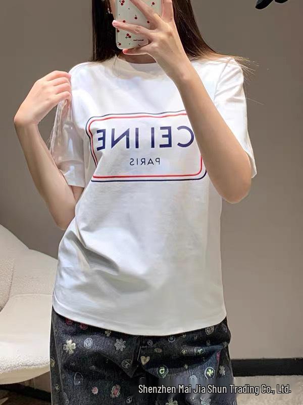 Nanyou Women's High-End Early Spring T-Shirt: CE Letter Print, Simple, Versatile, Short Sleeve, Pure Cotton, Loose Fit, Fashionable.