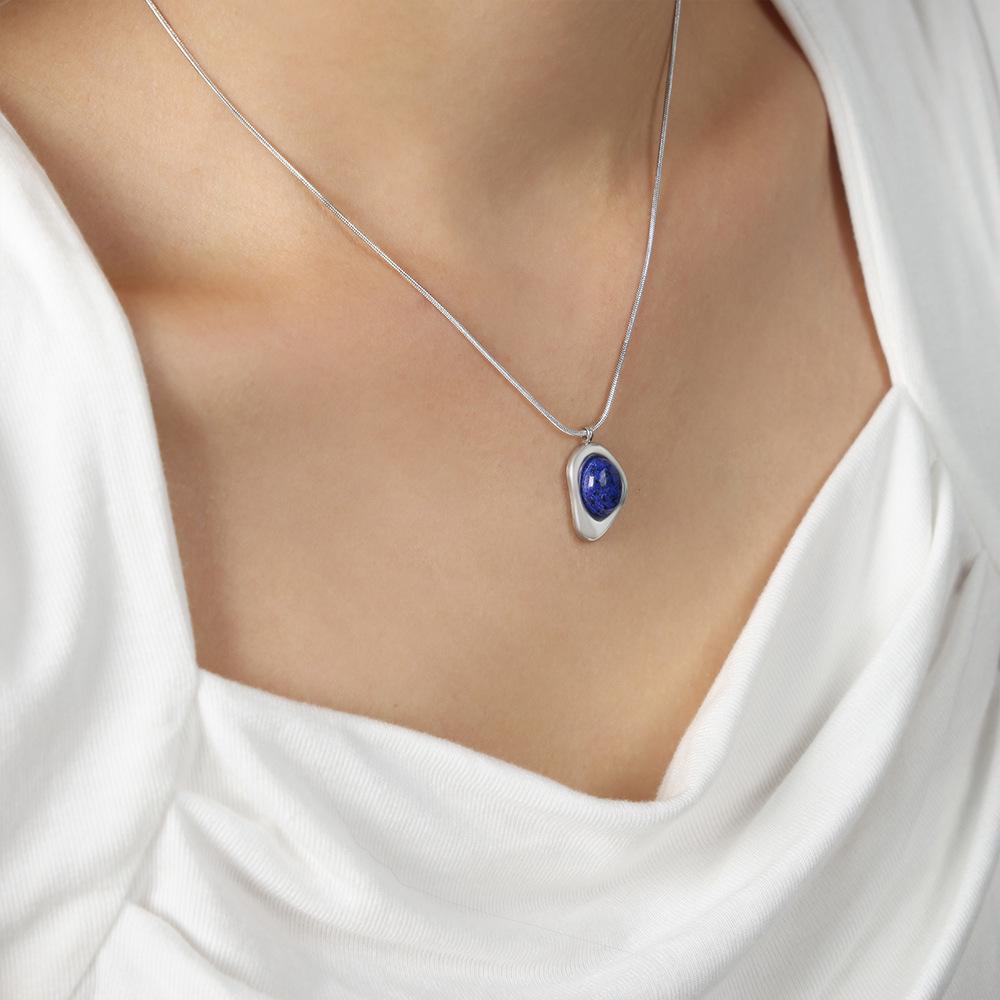 18K Gold French Inlaid Natural Stone Pendant Necklace & Arc-shaped Triangle Earrings Jewelry Set for Women