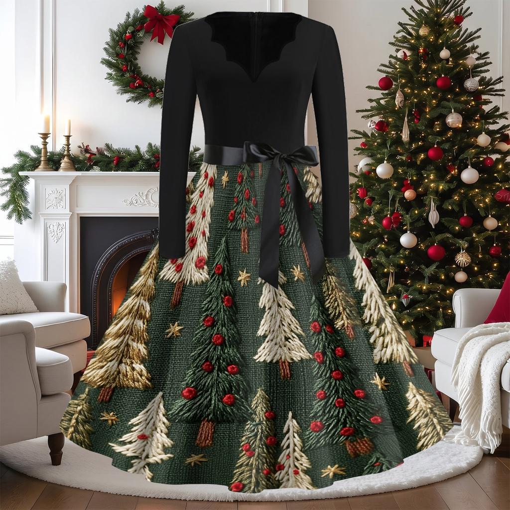 Women's Casual Vintage V-Neck Long Sleeve Dress with Christmas Print